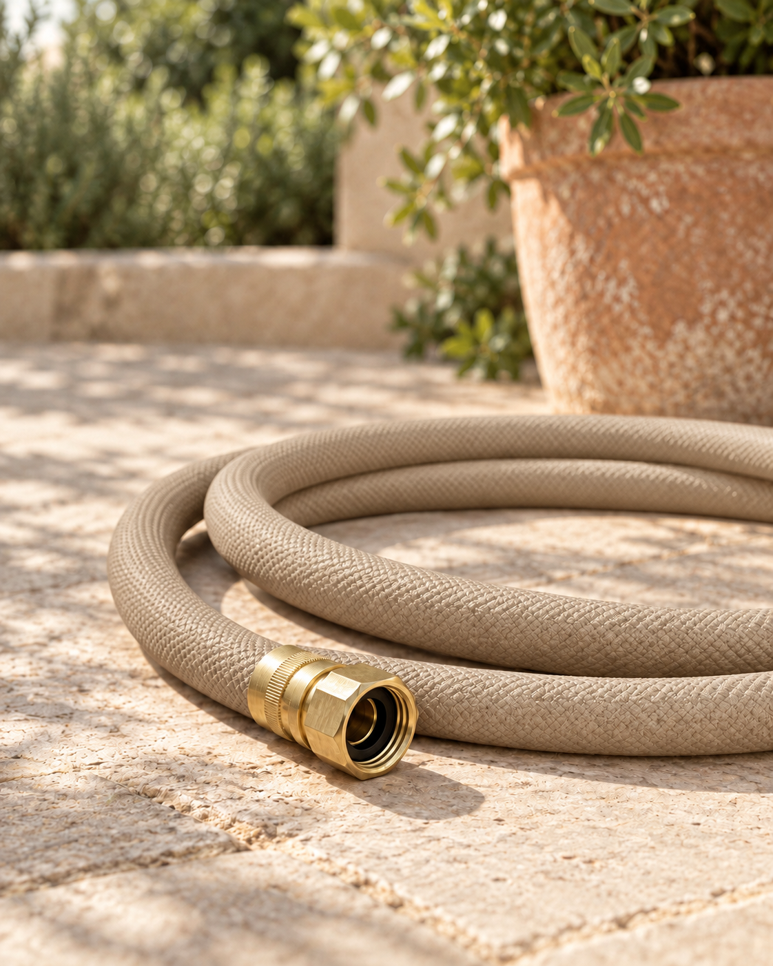 Sand beige garden hose with brass fittings coiled on a wooden patio