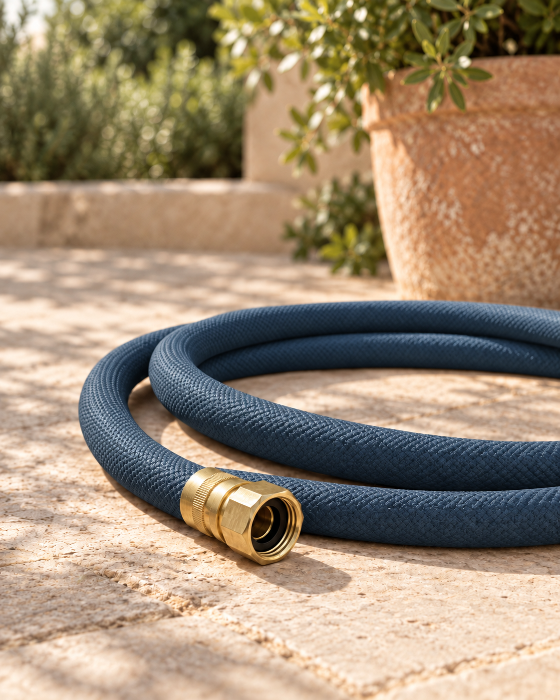 Brass garden hose connector on a slate blue woven hose over grass