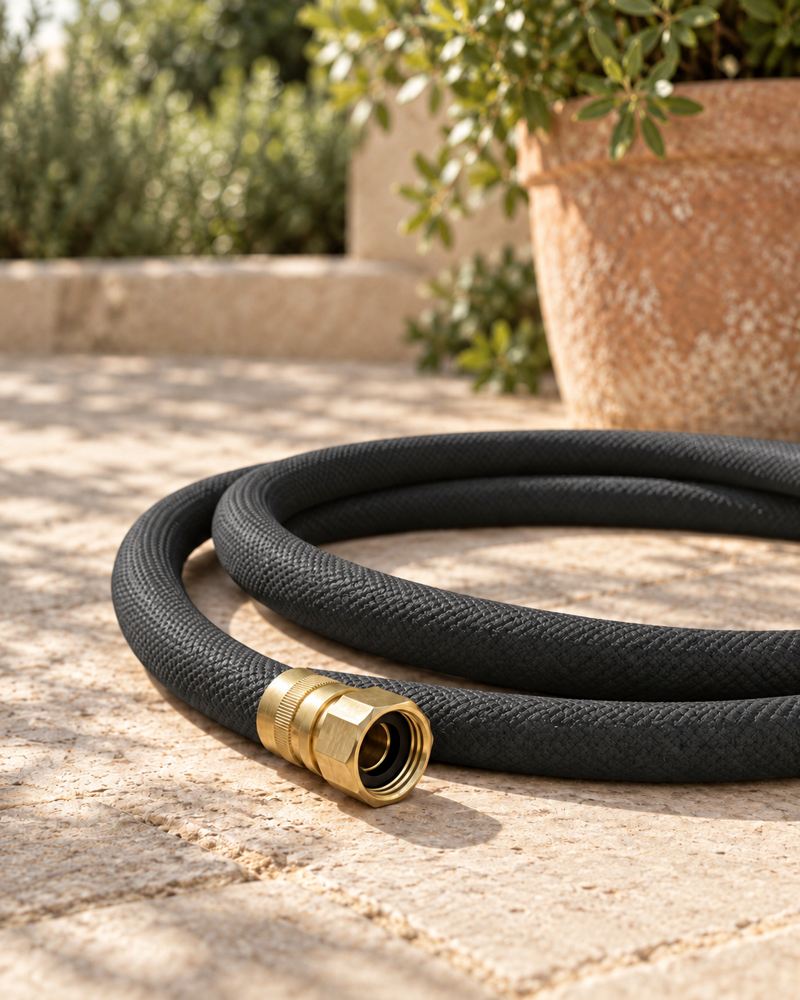 Charcoal black garden hose with brass fittings coiled on a wooden patio