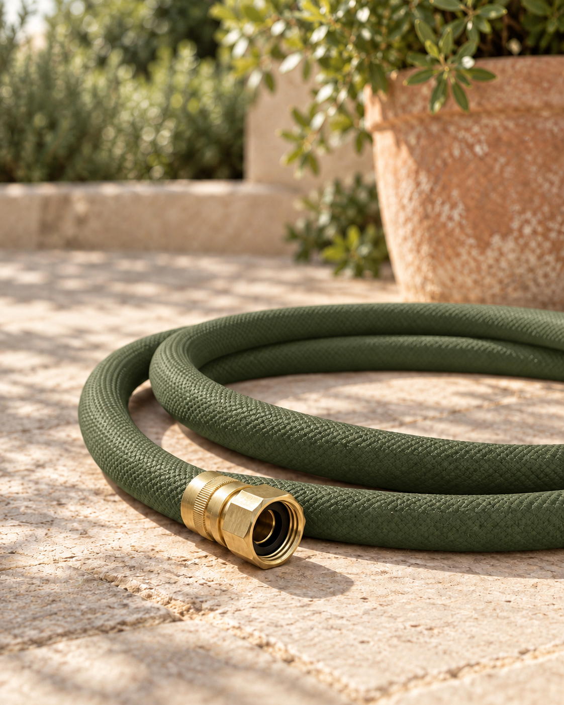 Olive green garden hose with brass fittings coiled on a wooden patio