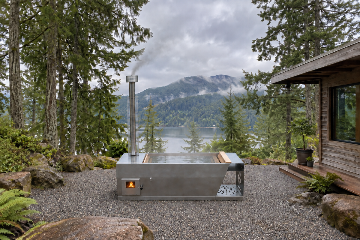Wood-fired hot tub with a lit fire and steam rising from the water