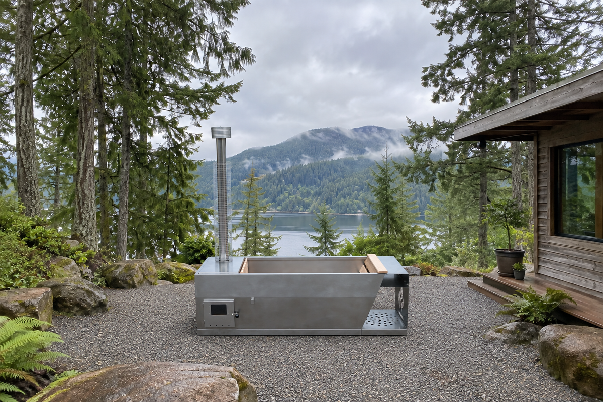 Wood-fired hot tub placed on the terrace without water