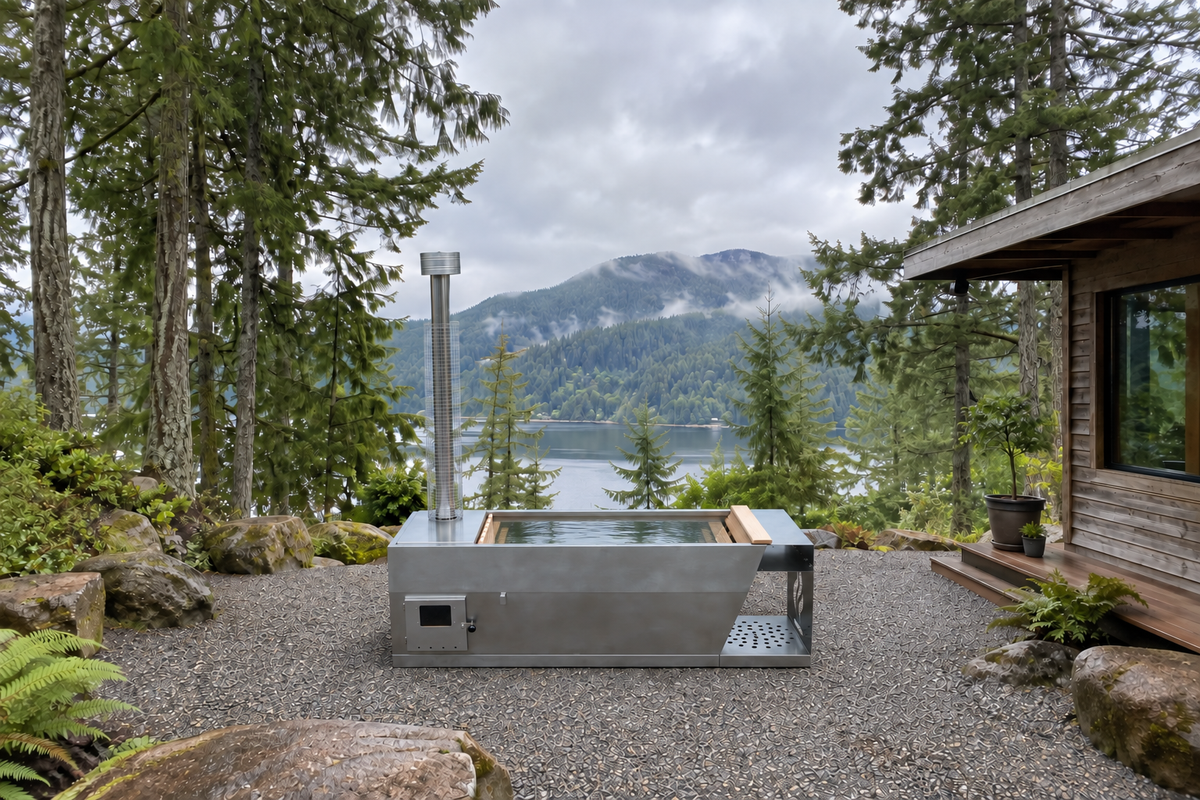 Wood-fired hot tub filled with fresh water