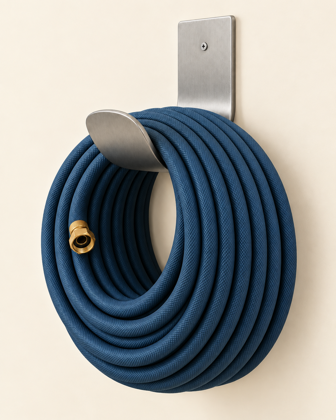 Stainless steel garden hose holder with a coiled blue garden hose